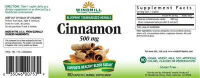 Photo of the Windmill Natural Vitamins Cinnamon 500 mg label