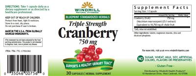 Photo of the Windmill Natural Vitamins Triple Strength Cranberry 750 mg label