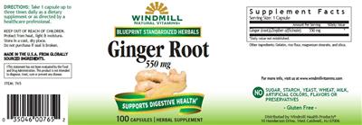Photo of the Windmill Ginger Root 550 mg label