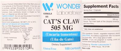 Photo of the Wonder Laboratories Cat's Claw 505 mg label
