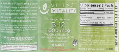 Photo of the Village Vitality B-12 1,000 mcg label