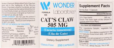 Photo of the Wonder Laboratories Cat's Claw 505 mg label