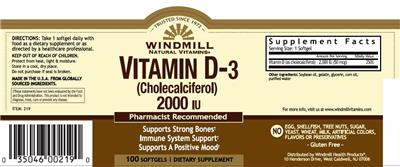Photo of the Windmill Natural Vitamins Vitamin D-3 (Cholecalciferol) 2000 IU label