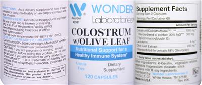 Photo of the Wonder Laboratories Colostrum w/Olive Leaf label