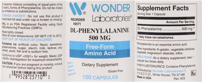 Photo of the Wonder Laboratories DL-Phenylalanine 500 mg label