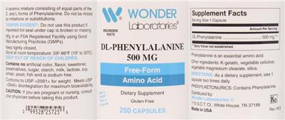 Photo of the Wonder Laboratories DL-Phenylalanine 500 mg label