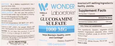 Photo of the Wonder Laboratories Glucosamine Sulfate 1000 mg label
