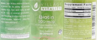 Photo of the Village Vitality Biotin 500 mcg label