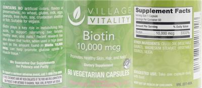 Photo of the Village Vitality Biotin 10,000 mcg label