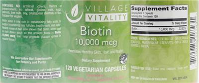 Photo of the Village Vitality Biotin 10,000 mcg label