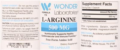 Photo of the Wonder Laboratories L-Arginine 500 mg label
