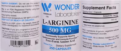 Photo of the Wonder Laboratories L-Arginine 500 mg label
