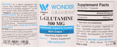 Photo of the Wonder Laboratories L-Glutamine 500 mg label