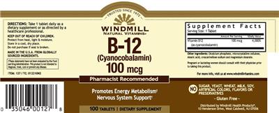 Photo of the Windmill Natural Vitamins B-12 (Cyanocobalamin) 100 mcg label