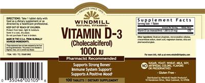 Photo of the Windmill Natural Vitamins Vitamin D-3 (Cholecalciferol) 1000 IU label