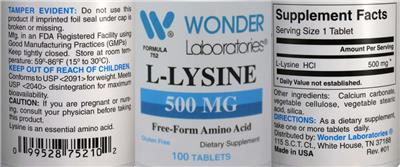 Photo of the Wonder Laboratories L-Lysine 500 mg label