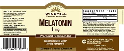 Photo of the Windmill Natural Vitamins Melatonin 1 mg label