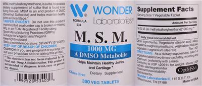Photo of the Wonder Laboratories M.S.M. 1000 mg label