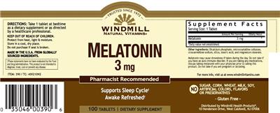 Photo of the Windmill Natural Vitamins Melatonin 3 mg label