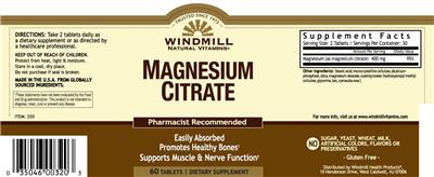 Photo of the Windmill Natural Vitamins Magnesium Citrate label