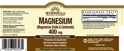 Photo of the Windmill Natural Vitamins Magnesium (Magnesium Oxide & Carbonate) 400 mg label