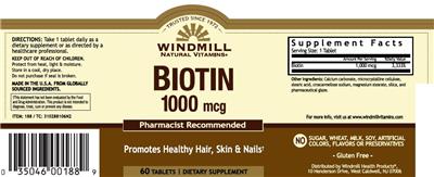 Photo of the Windmill Natural Vitamins Biotin 1000 mcg label