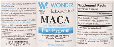 Photo of the Wonder Laboratories MACA plus Pygeum label