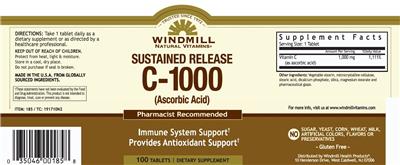 Photo of the Windmill Natural Vitamins Sustained Release C-1000 (Ascorbic Acid) label