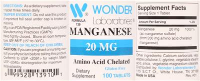 Photo of the Wonder Laboratories Manganese 20 mg label