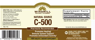 Photo of the Windmill Natural Vitamins Natural Source C-500 label