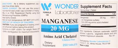 Photo of the Wonder Laboratories Manganese 20 mg label