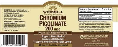 Photo of the Windmill Natural Vitamins Chromium Picolinate 200 mcg label