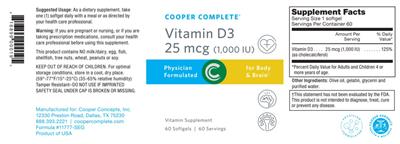 Photo of the Cooper Complete Vitamin D3 25 mcg (1,000 IU) label