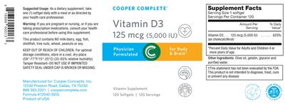 Photo of the Cooper Complete Vitamin D3 125 mcg (5,000 IU) label