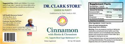 Photo of the Dr. Clark Store Cinnamon with Biotin & Chromium 502 mg label