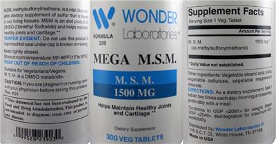 Photo of the Wonder Laboratories Mega M.S.M. 1500 mg label