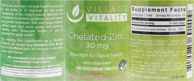 Photo of the Village Vitality Chelated Zinc 30 mg label