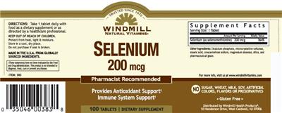 Photo of the Windmill Natural Vitamins Selenium 200 mcg label