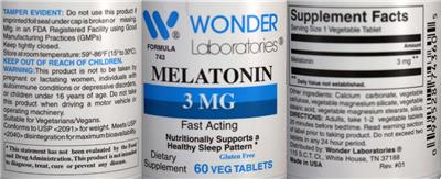 Photo of the Wonder Laboratories Melatonin 3 mg label
