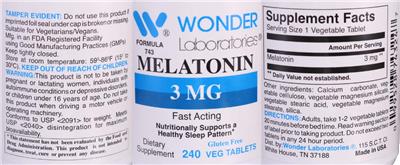 Photo of the Wonder Laboratories Melatonin 3 mg label