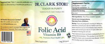 Photo of the Dr. Clark Store Folic Acid Vitamin B9 1 mg label