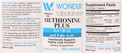 Photo of the Wonder Laboratories Methionine Plus label