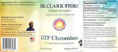 Photo of the Dr. Clark Store GTF Chromium 200 mcg label