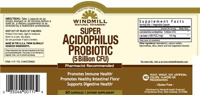 Photo of the Windmill Natural Vitamins Super Acidophilus Probiotic (5 Billion CFU) label