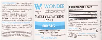 Photo of the Wonder Laboratories N-Acetylcysteine (NAC) 600 mg label