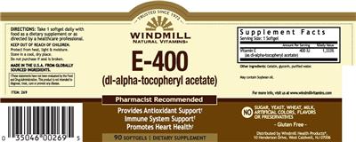 Photo of the Windmill Natural Vitamins E-400 (DL-Alpha-Tocopheryl Acetate) label