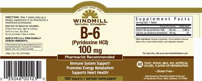 Photo of the Windmill Natural Vitamins B-6 (Pyridoxine HCl) 100 mg label