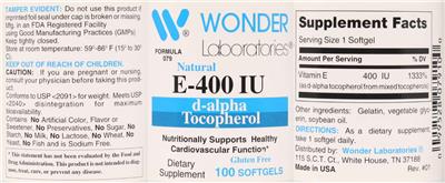Photo of the Wonder Laboratories E-400 IU label