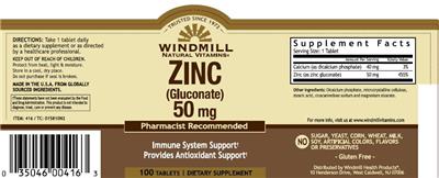 Photo of the Windmill Natural Vitamins Zinc (Gluconate) 50 mg label