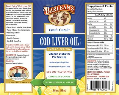 Photo of the Barlean's Fresh Catch Cod Liver Oil Lemonade Flavor label